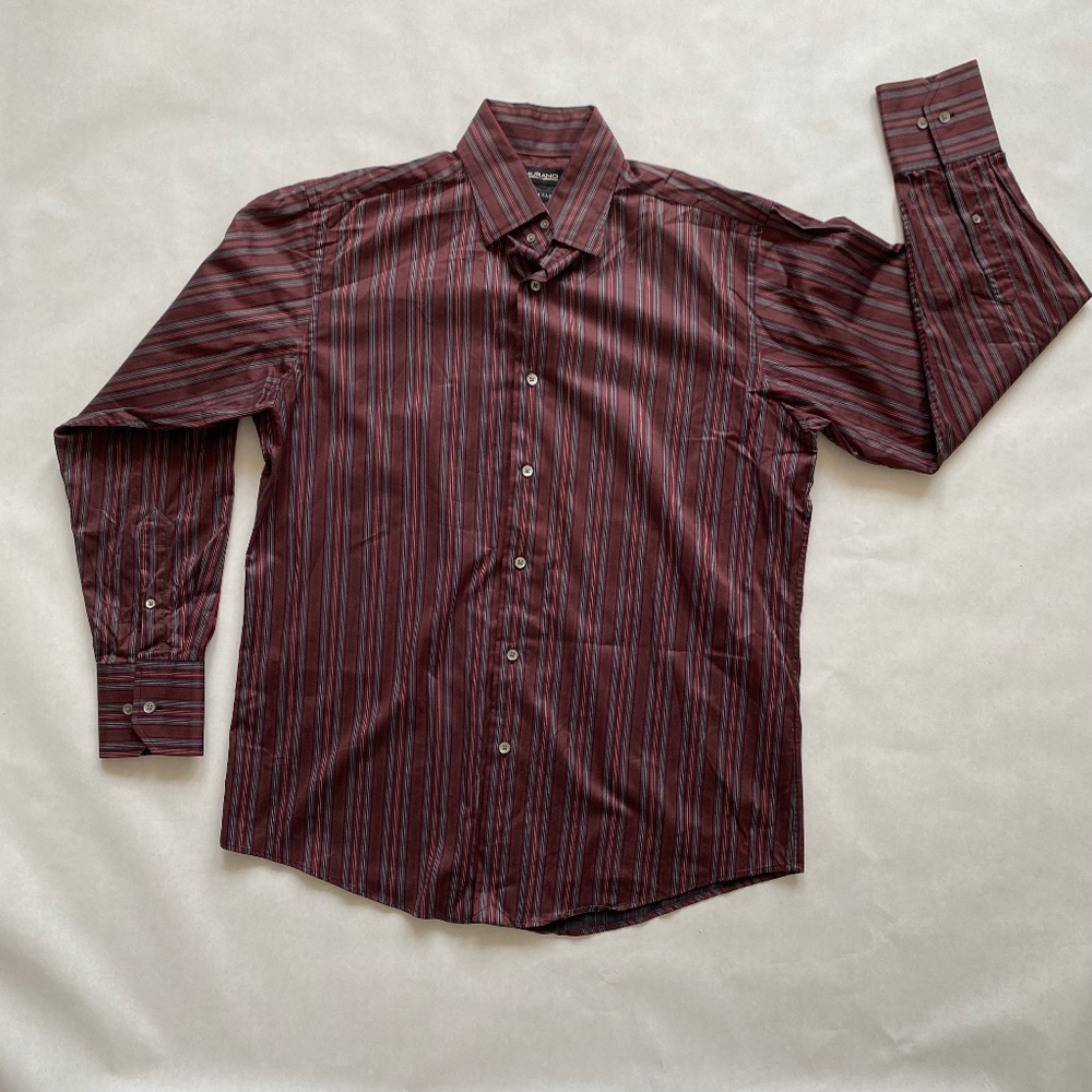 Murano Burgundy Striped Italian Cotton Button Up Shirt Men's Size Large L